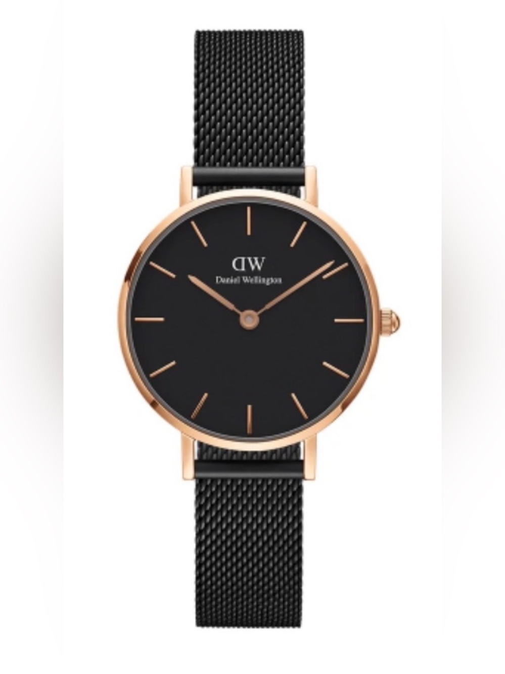 Daniel Wellington Black Dial Rose Gold Accent Black Mesh Watch-New Battery-Women